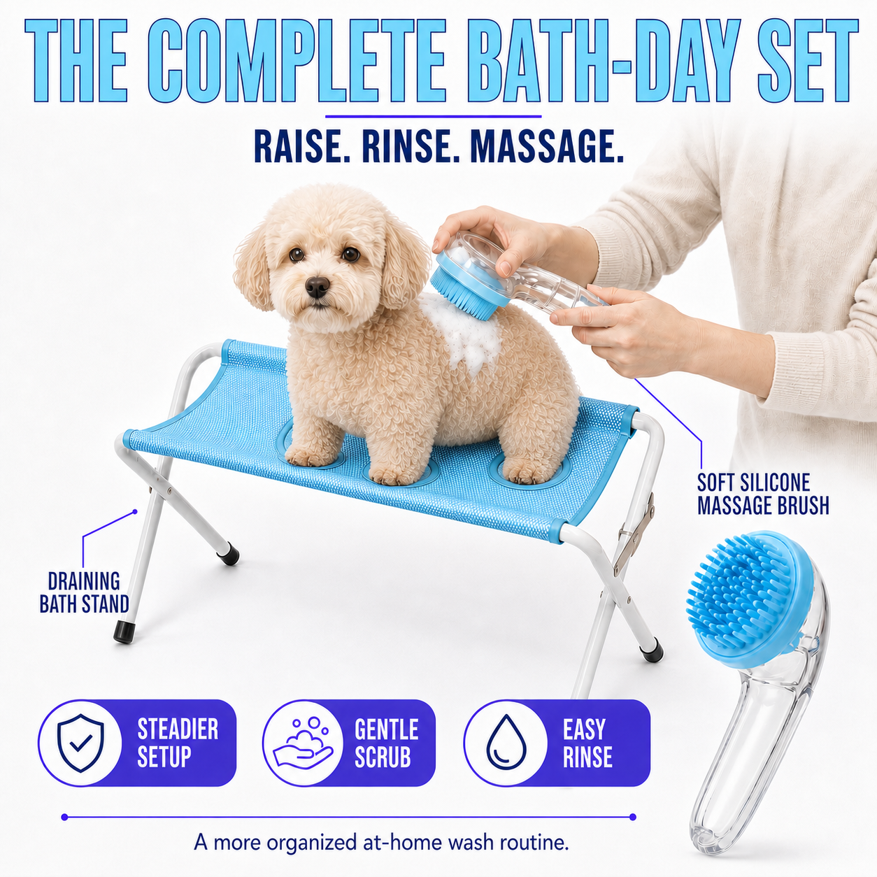 BubbleBath pet bathing set with dog standing securely on the mesh platform