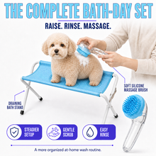 BubbleBath pet bathing set with dog standing securely on the mesh platform