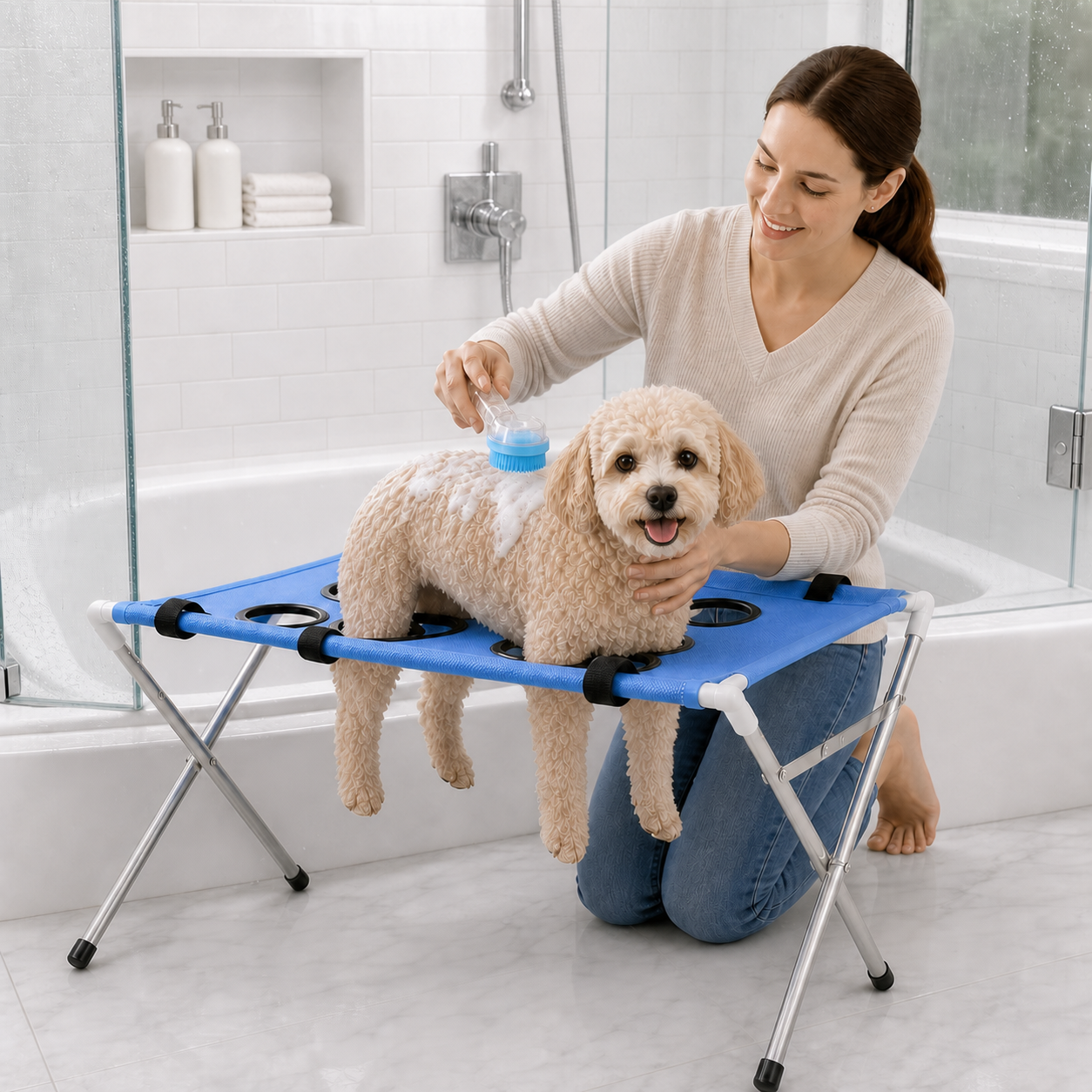A happy dog being washed with the BubbleBath massage brush on the raised eight-hole bathing stand
